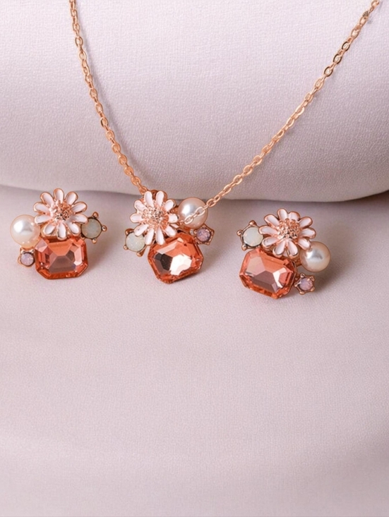 Amazon Jewelry - Boho Pearl & Sunflower Necklace Earring Set Peach Rhinestone Rose Gold